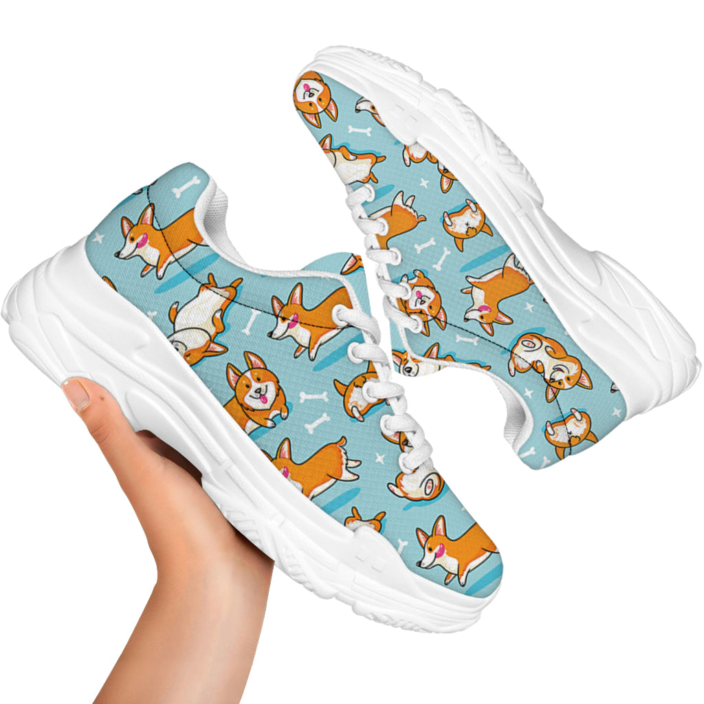 Happy Corgi Pattern Print White Chunky Shoes