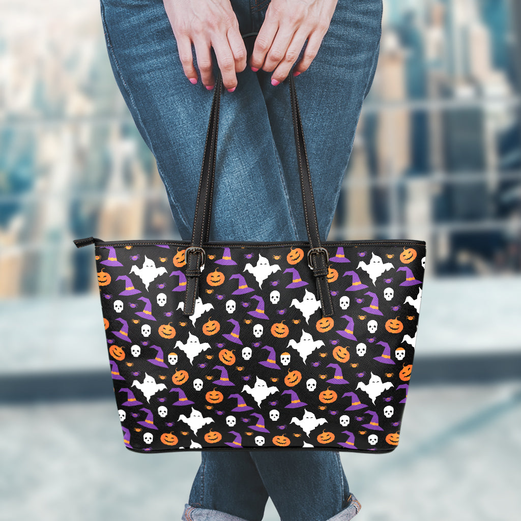 Happy Halloween Ghost Pattern Print Leather Tote Bag