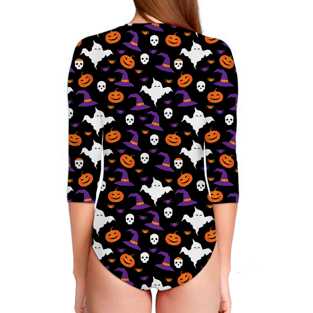 Happy Halloween Ghost Pattern Print Long Sleeve Swimsuit