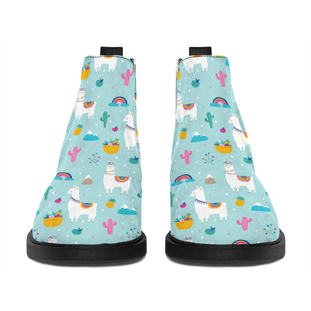 Happy Llama And Cactus Pattern Print Flat Ankle Boots
