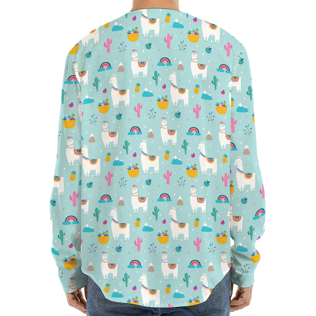Happy Llama And Cactus Pattern Print Long Sleeve Baseball Jersey
