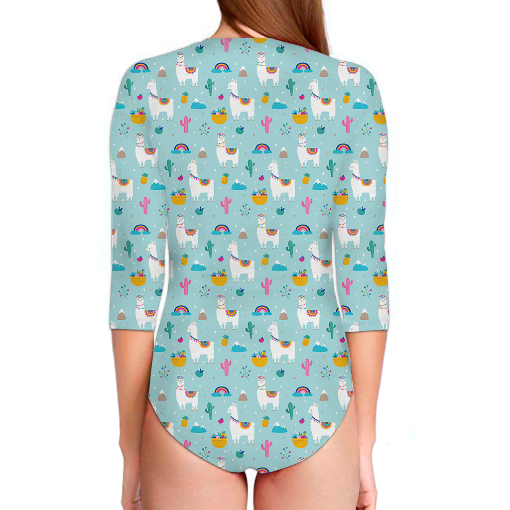 Happy Llama And Cactus Pattern Print Long Sleeve Swimsuit