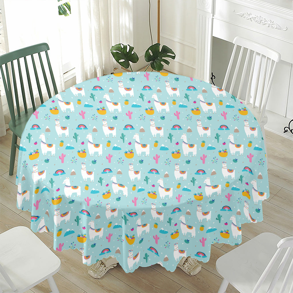 Happy Llama And Cactus Pattern Print Waterproof Round Tablecloth