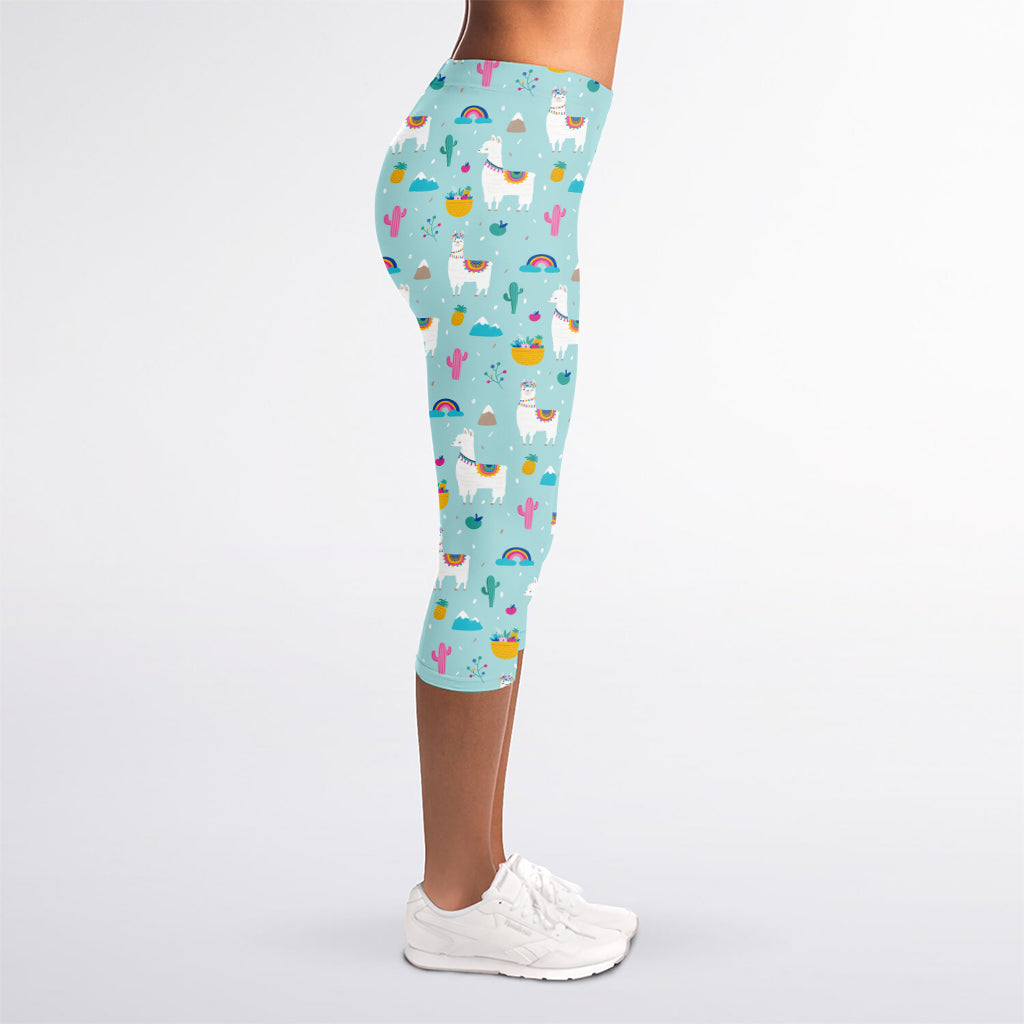 Happy Llama And Cactus Pattern Print Women's Capri Leggings