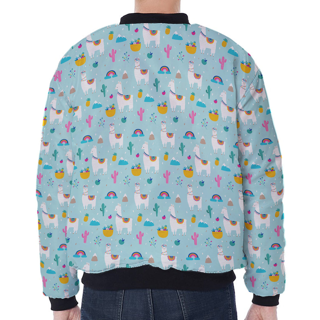 Happy Llama And Cactus Pattern Print Zip Sleeve Bomber Jacket