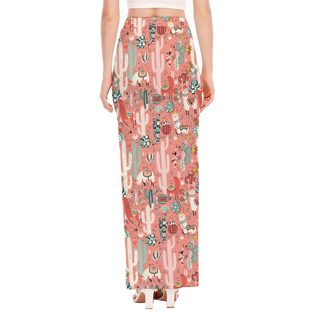 Happy Llama Pattern Print High Slit Maxi Skirt