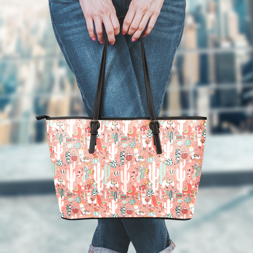 Happy Llama Pattern Print Leather Tote Bag