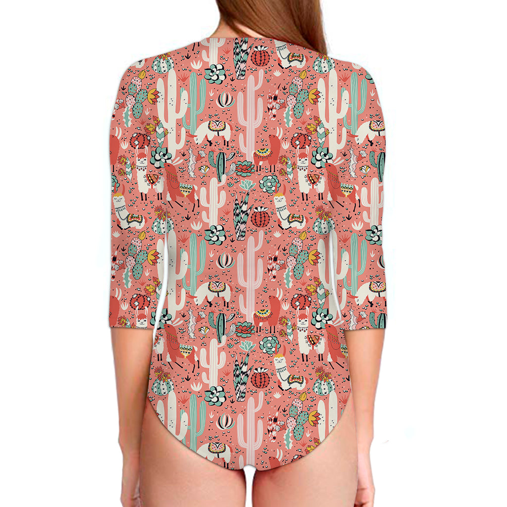 Happy Llama Pattern Print Long Sleeve Swimsuit