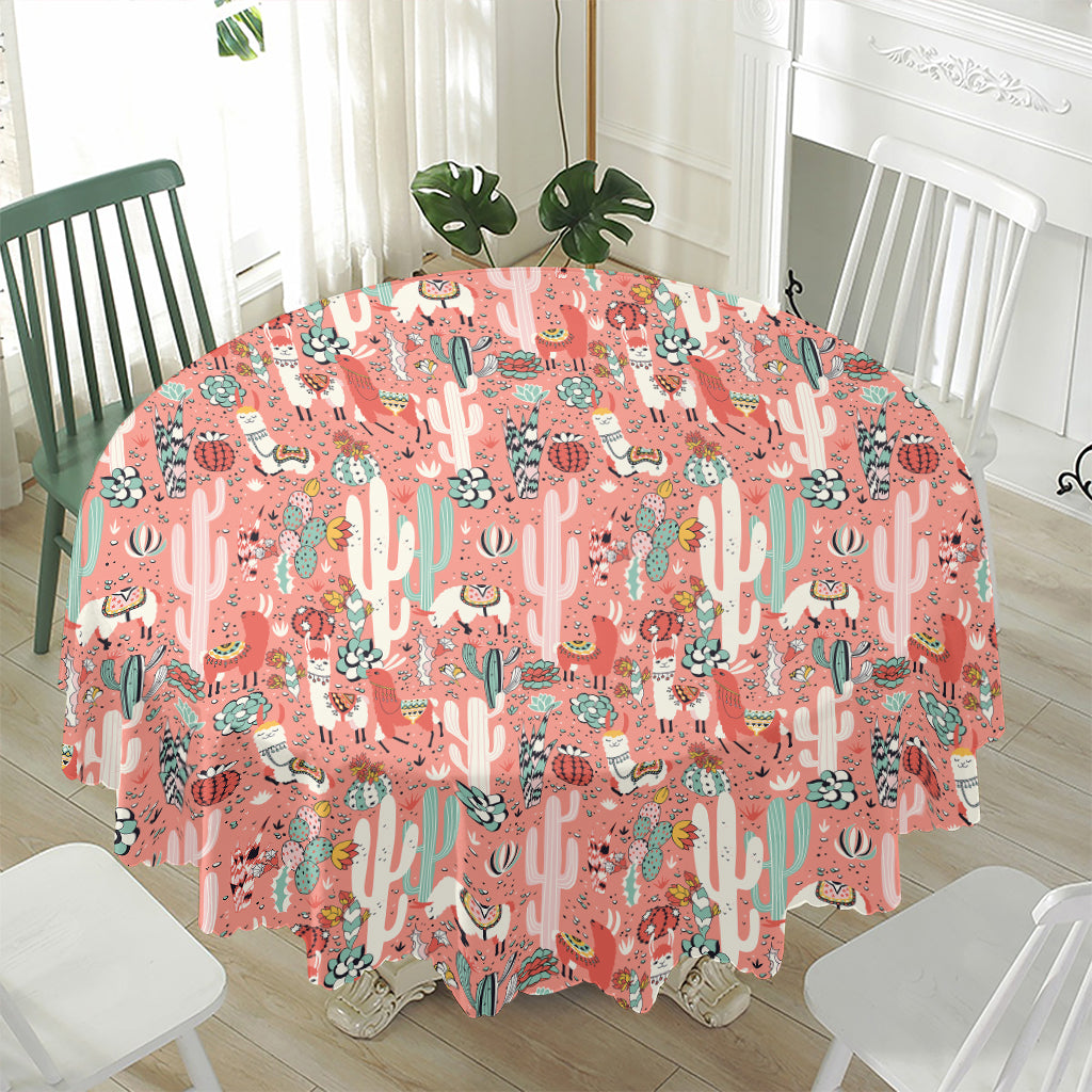 Happy Llama Pattern Print Waterproof Round Tablecloth