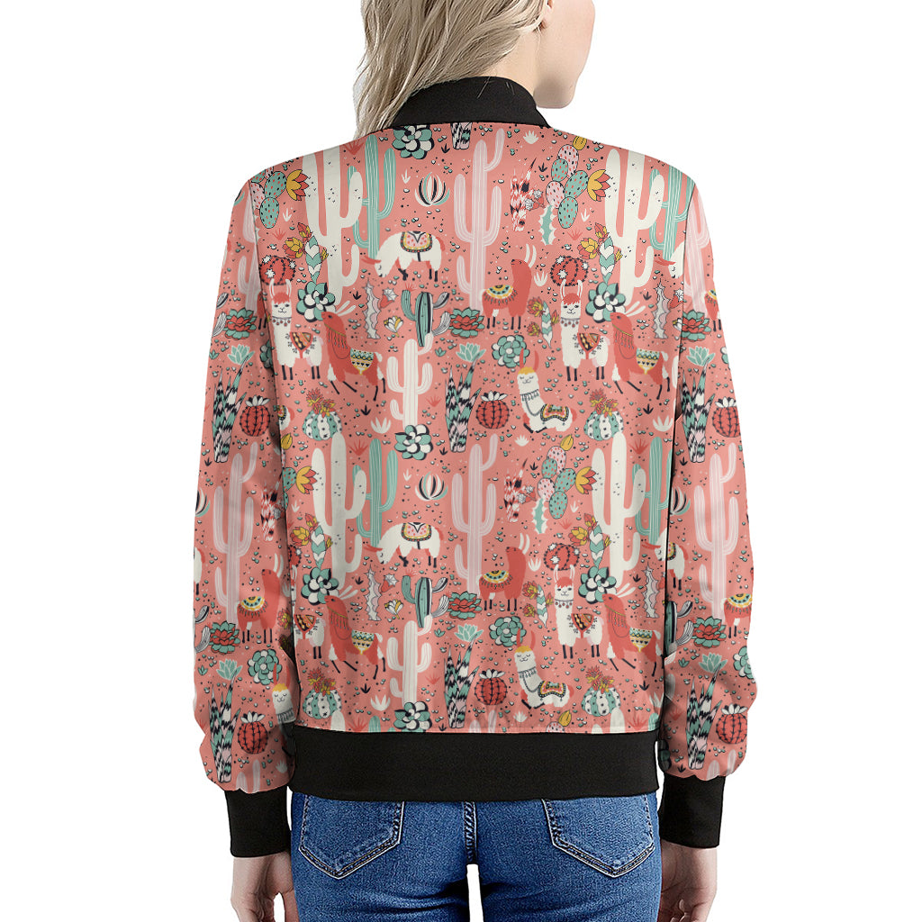 Happy Llama Pattern Print Women's Bomber Jacket