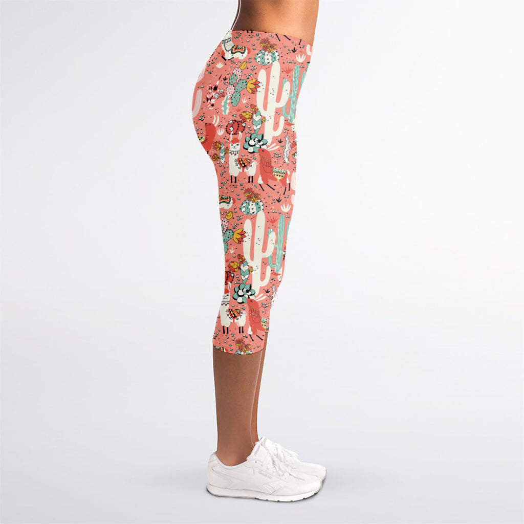 Happy Llama Pattern Print Women's Capri Leggings