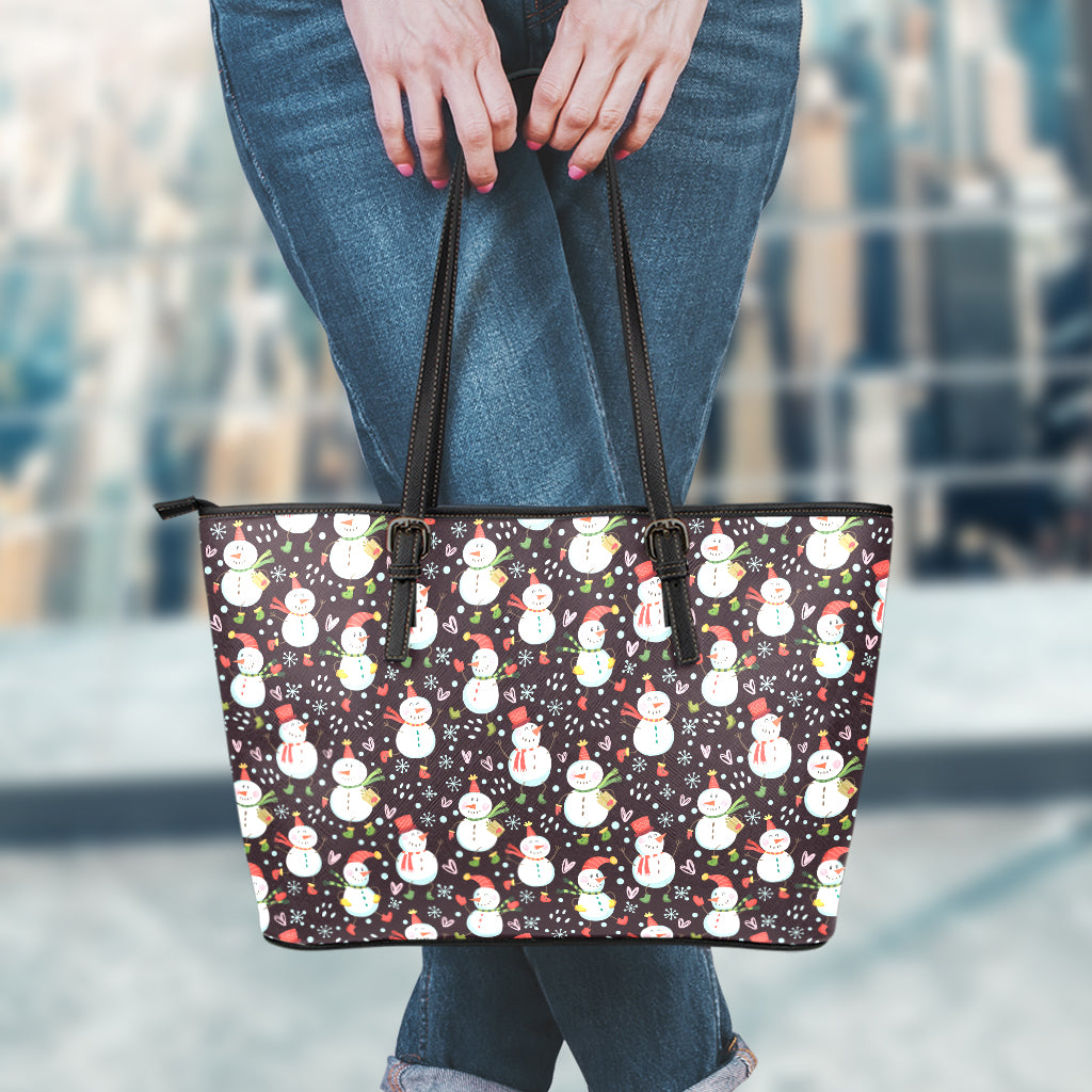 Happy Snowman Pattern Print Leather Tote Bag