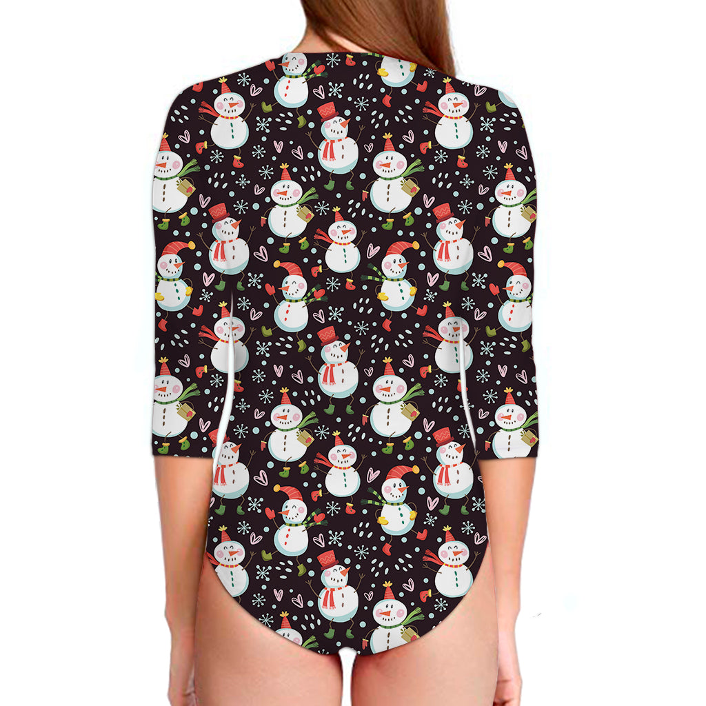Happy Snowman Pattern Print Long Sleeve Swimsuit