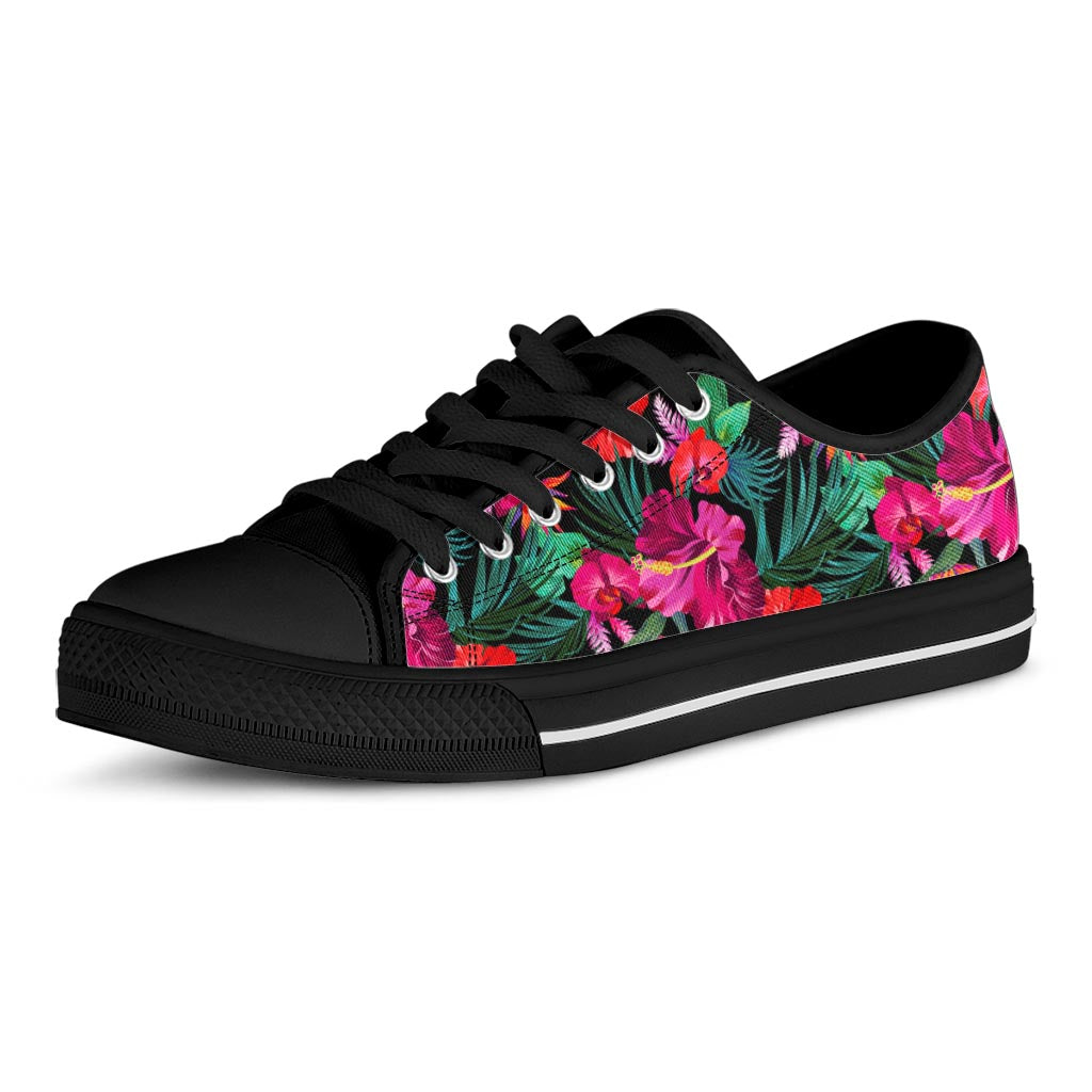 Hawaii Floral Flowers Pattern Print Black Low Top Sneakers