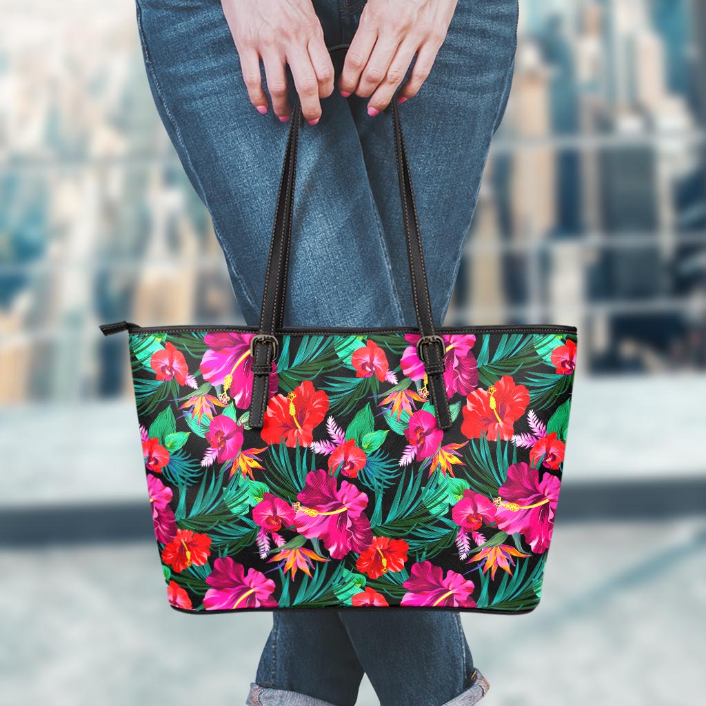 Hawaii Floral Flowers Pattern Print Leather Tote Bag