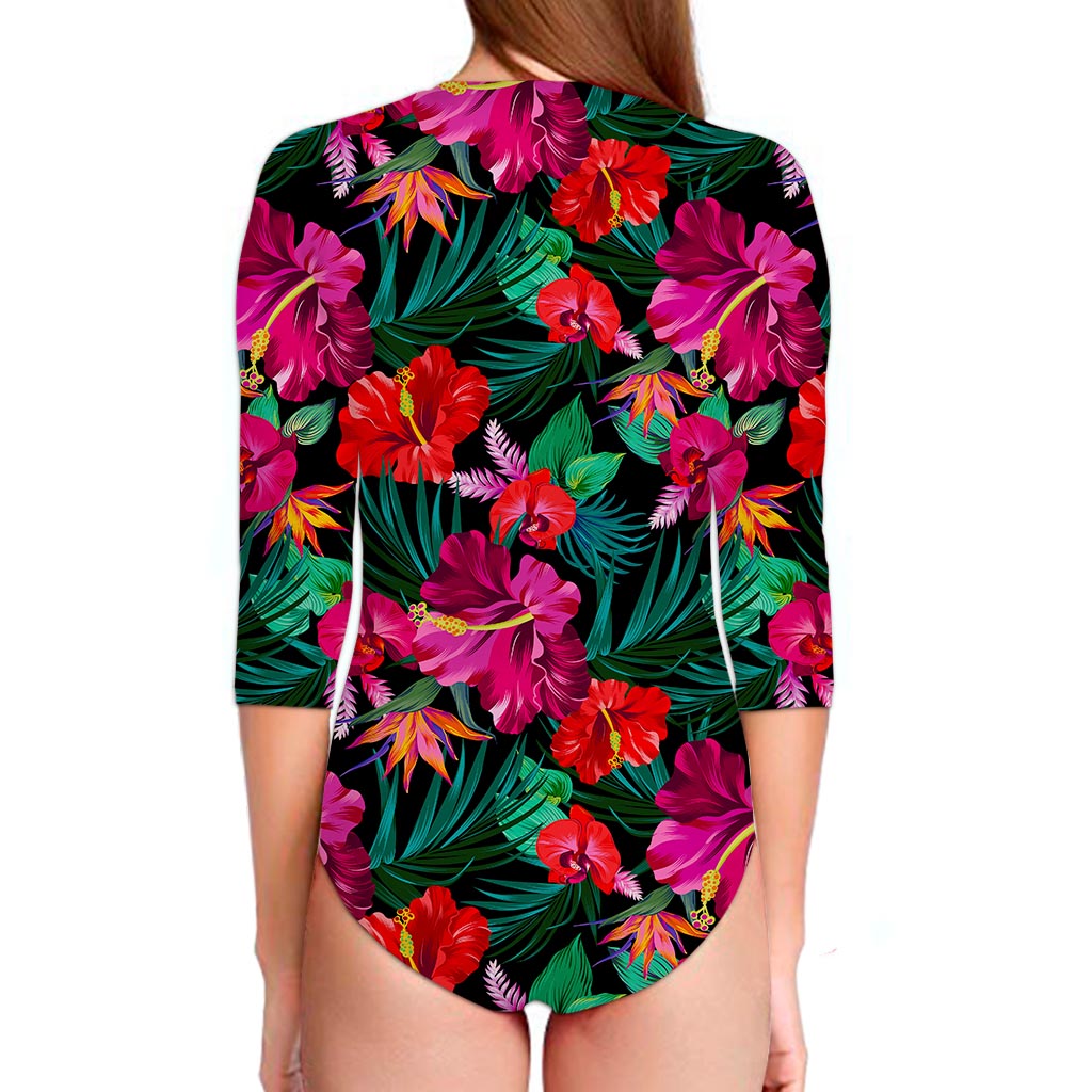 Hawaii Floral Flowers Pattern Print Long Sleeve Swimsuit