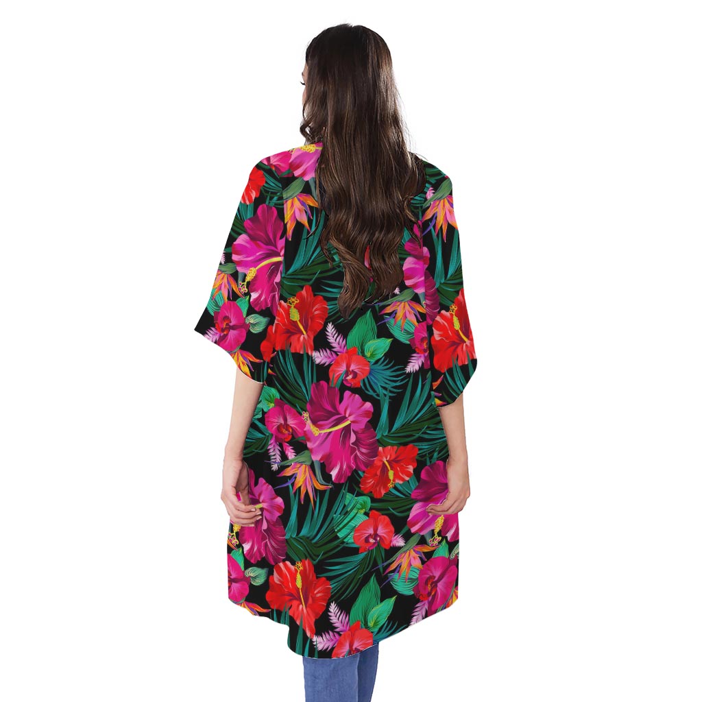 Hawaii Floral Flowers Pattern Print Open Front Beach Cover Up