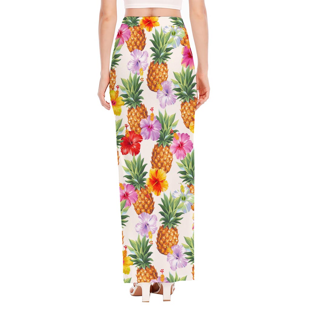 Hawaii Hibiscus Pineapple Pattern Print High Slit Maxi Skirt
