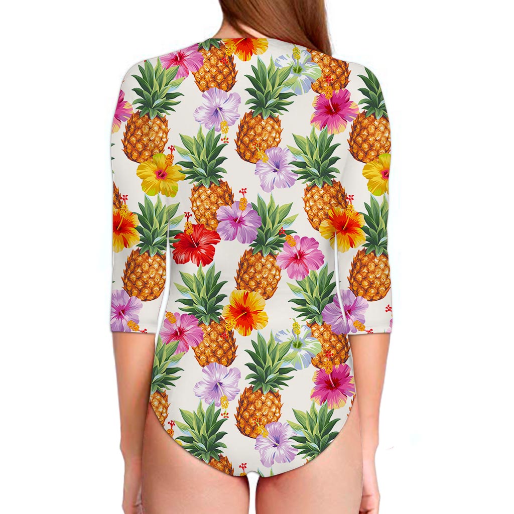 Hawaii Hibiscus Pineapple Pattern Print Long Sleeve Swimsuit