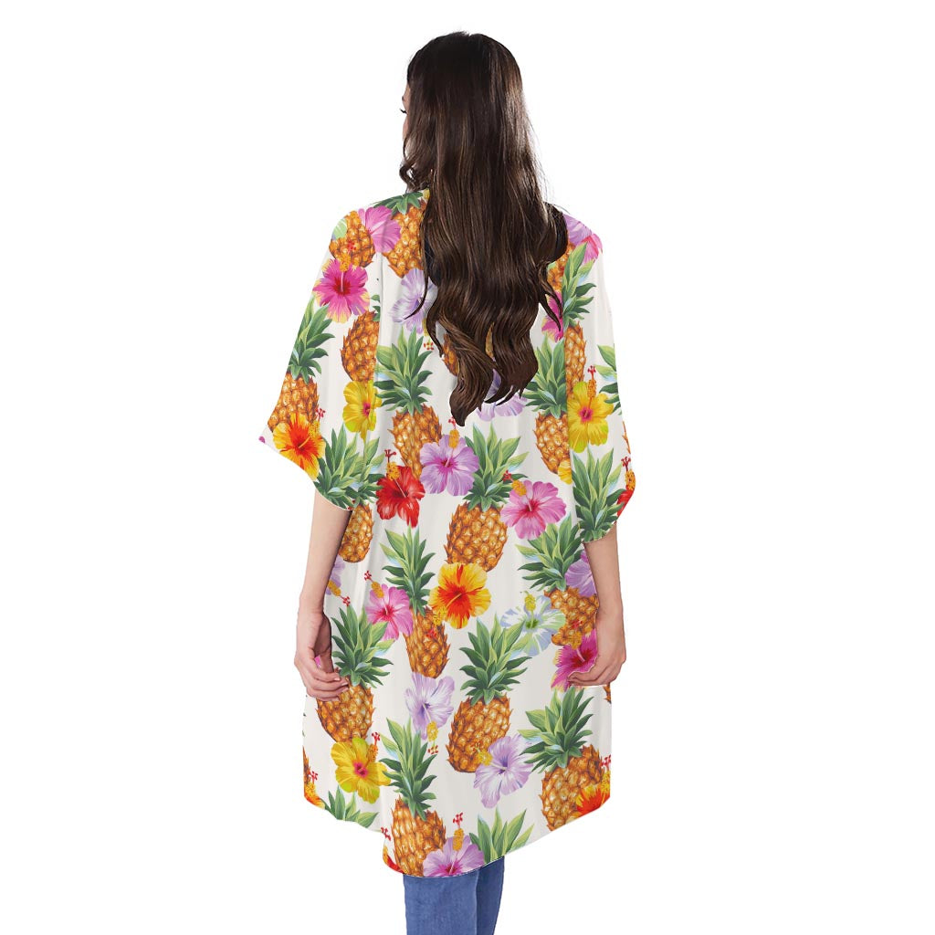 Hawaii Hibiscus Pineapple Pattern Print Open Front Beach Cover Up