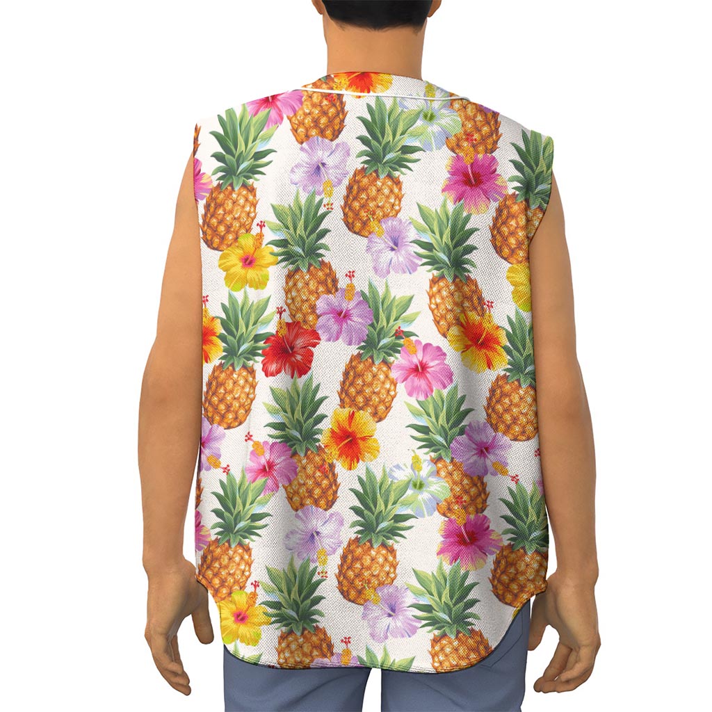 Hawaii Hibiscus Pineapple Pattern Print Sleeveless Baseball Jersey