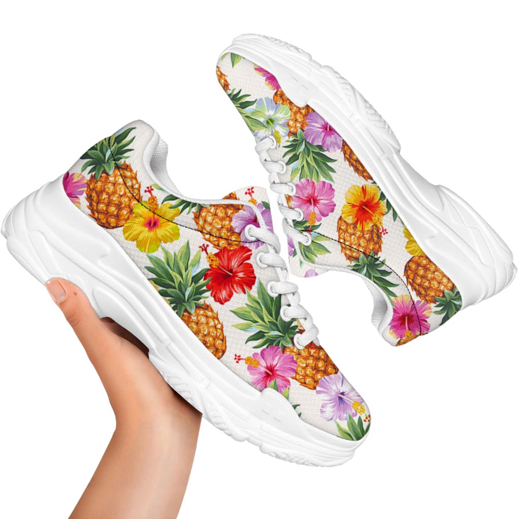 Hawaii Hibiscus Pineapple Pattern Print White Chunky Shoes