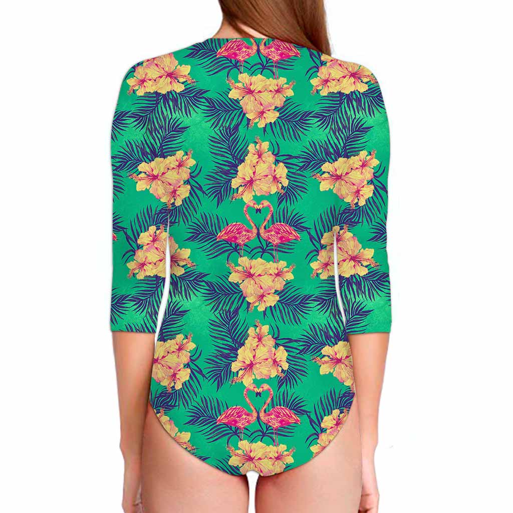 Hawaii Tropical Paradise Pattern Print Long Sleeve Swimsuit