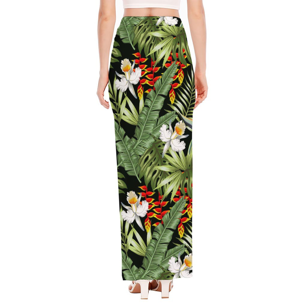 Hawaii Tropical Plants Pattern Print High Slit Maxi Skirt