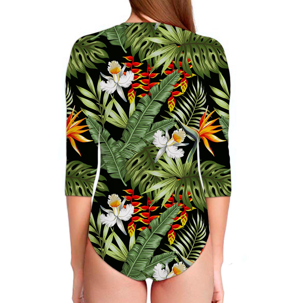 Hawaii Tropical Plants Pattern Print Long Sleeve Swimsuit