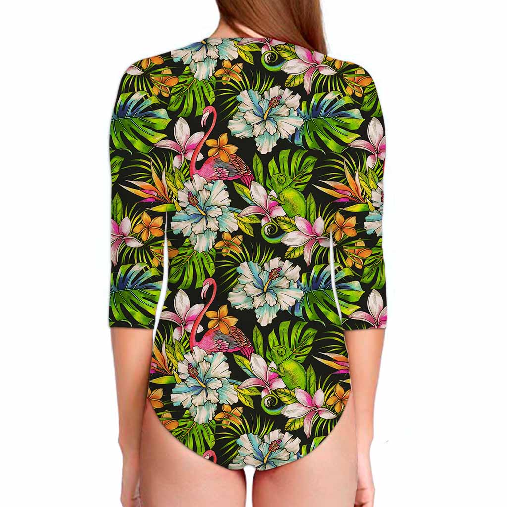 Hawaiian Aloha Tropical Pattern Print Long Sleeve Swimsuit