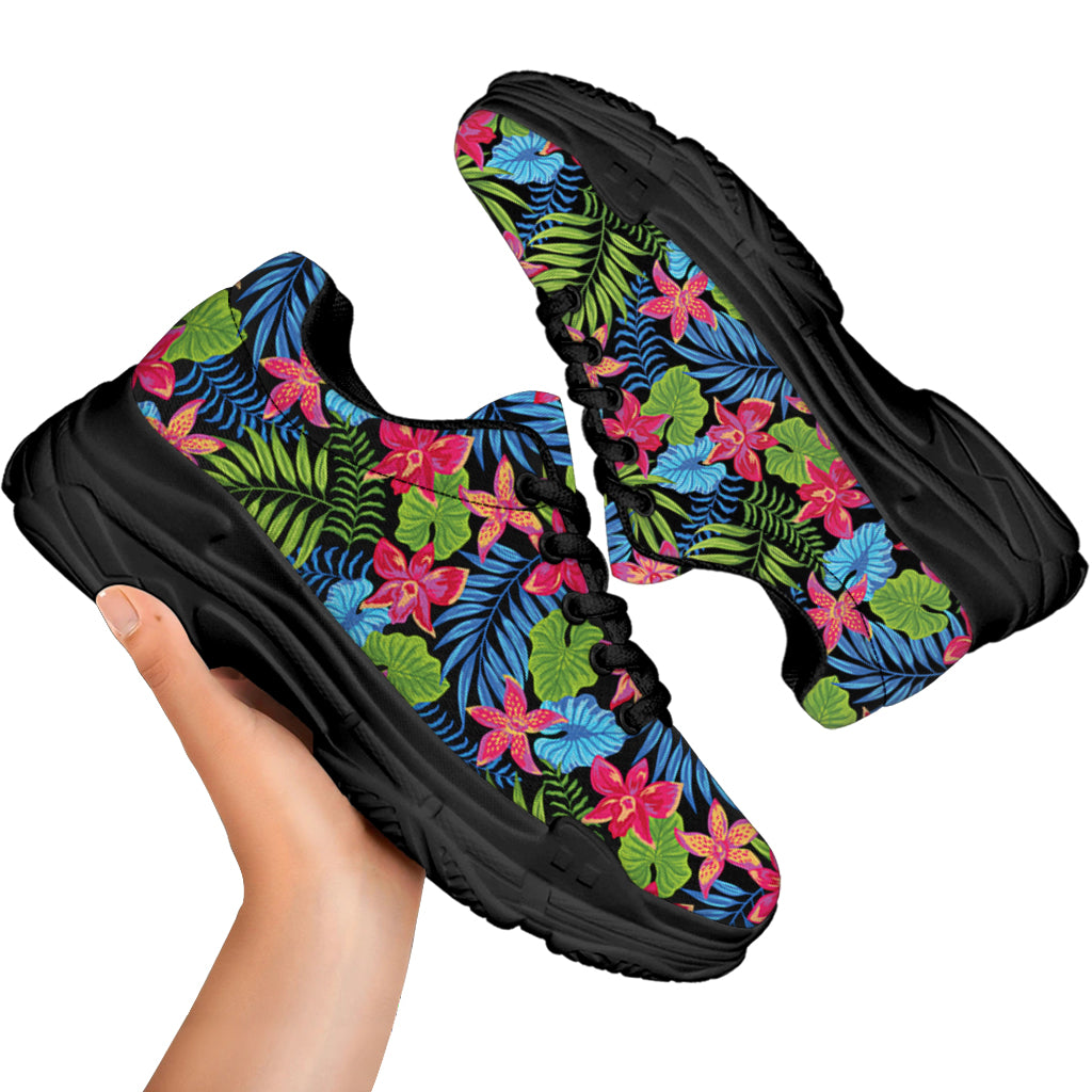 Hawaiian Floral Pattern Print Black Chunky Shoes