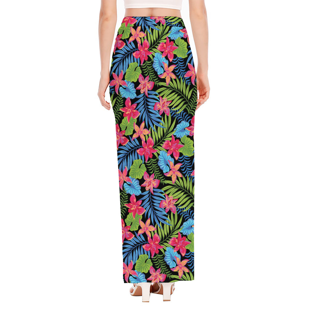 Hawaiian Floral Pattern Print High Slit Maxi Skirt