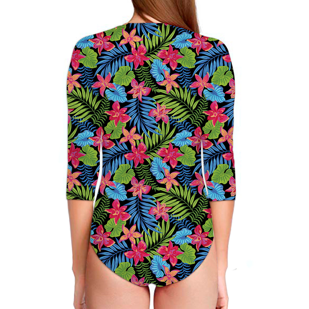 Hawaiian Floral Pattern Print Long Sleeve Swimsuit