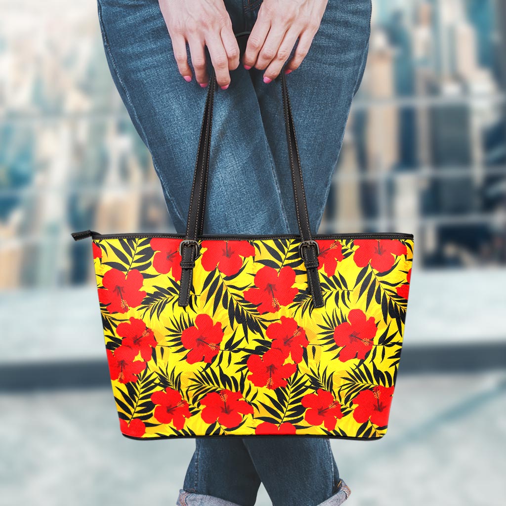 Hawaiian Hibiscus Flowers Pattern Print Leather Tote Bag