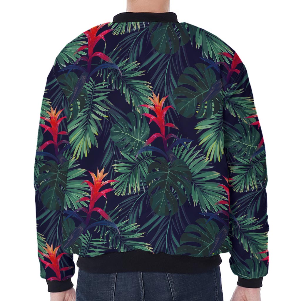 Hawaiian Palm Leaves Pattern Print Zip Sleeve Bomber Jacket