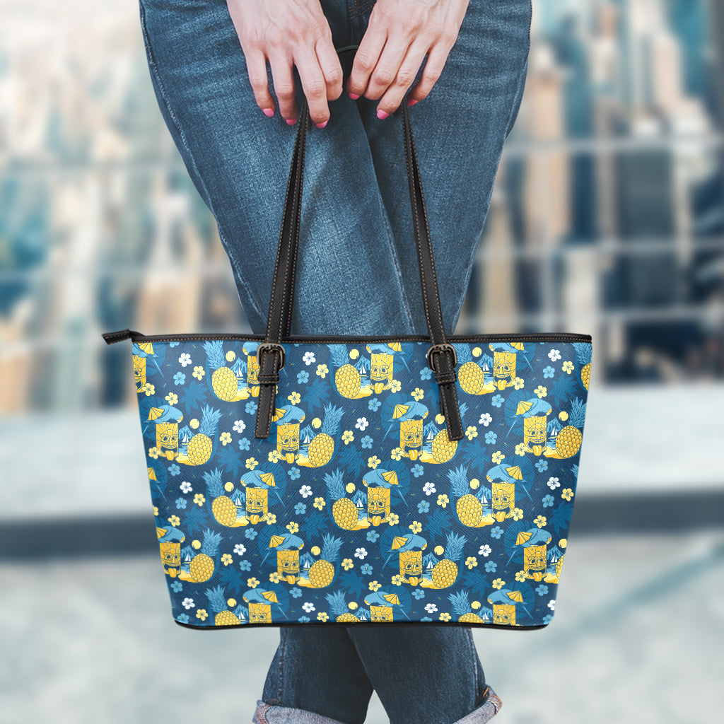 Hawaiian Tiki Pattern Print Leather Tote Bag