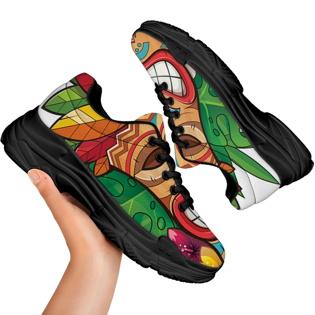 Hawaiian Tiki Print Black Chunky Shoes