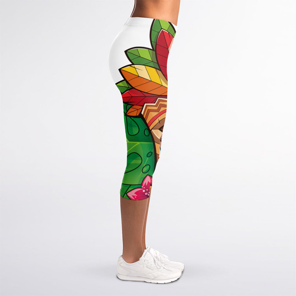 Hawaiian Tiki Print Women's Capri Leggings