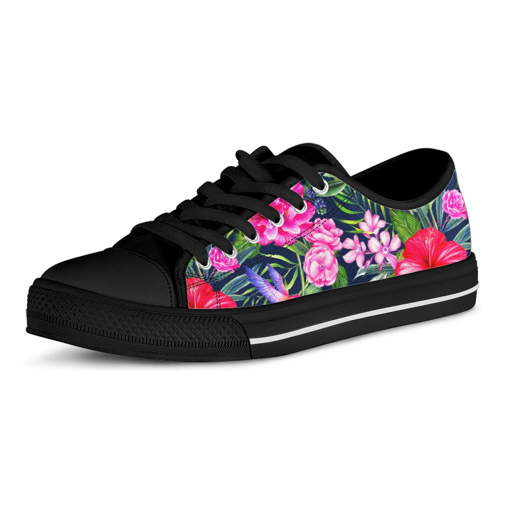 Hawaiian Tropical Birds Pattern Print Black Low Top Sneakers