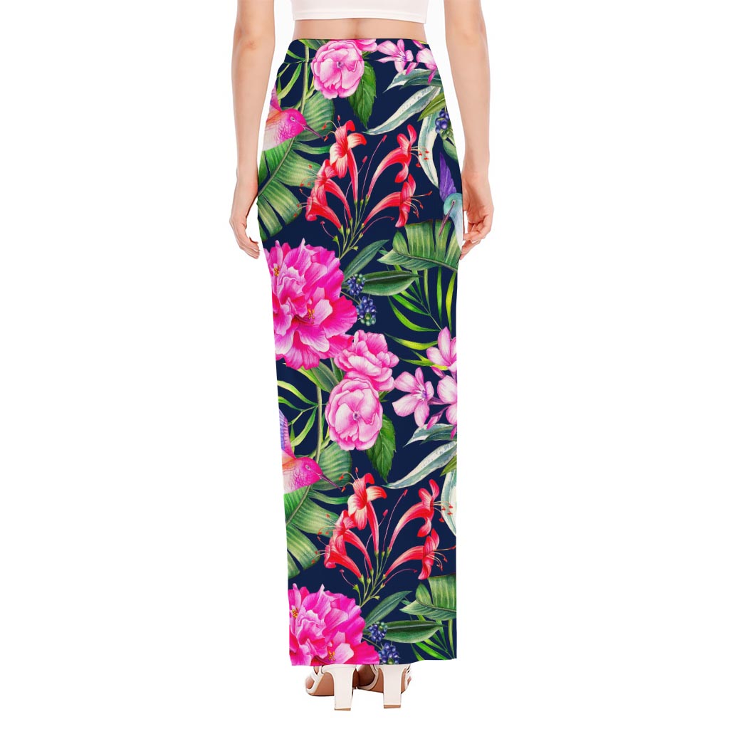 Hawaiian Tropical Birds Pattern Print High Slit Maxi Skirt