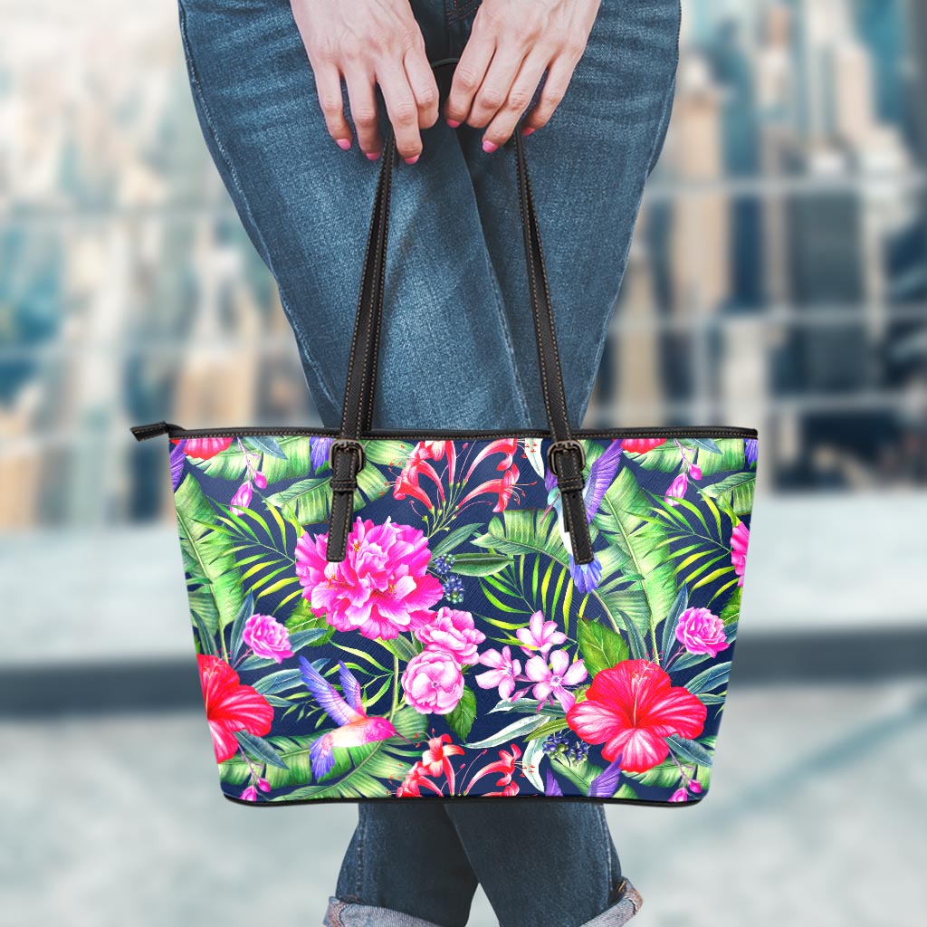 Hawaiian Tropical Birds Pattern Print Leather Tote Bag