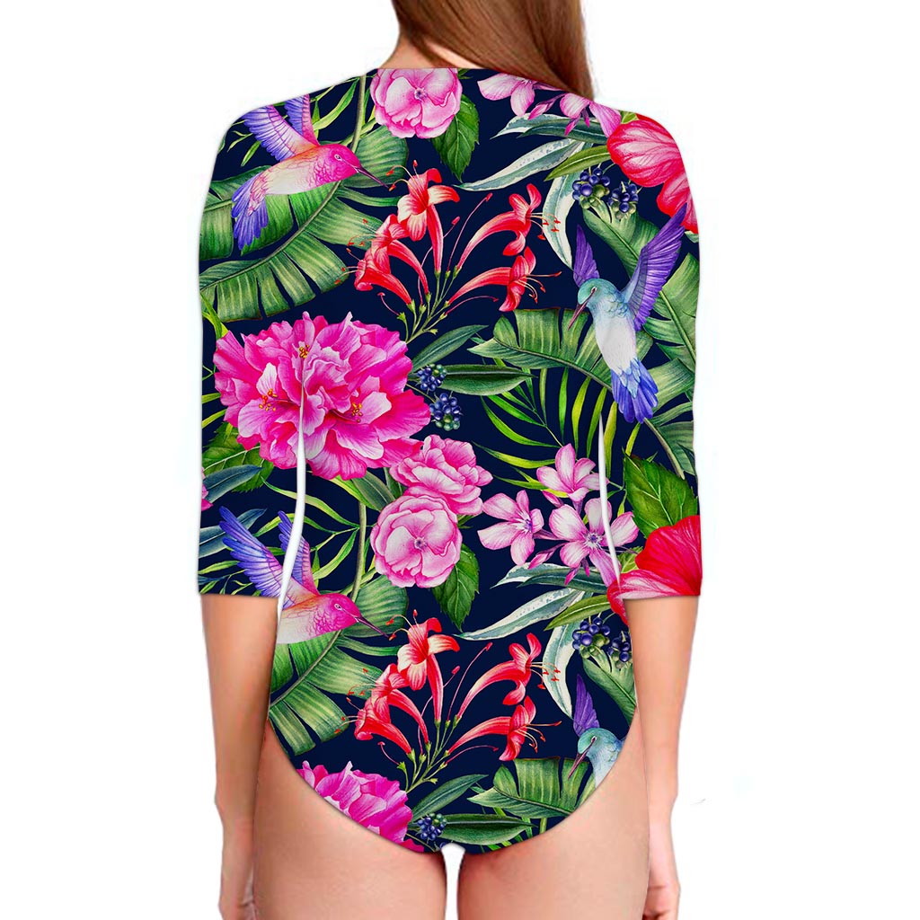 Hawaiian Tropical Birds Pattern Print Long Sleeve Swimsuit