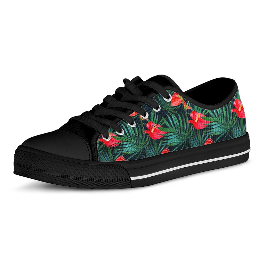 Hawaiian Tropical Flowers Pattern Print Black Low Top Sneakers