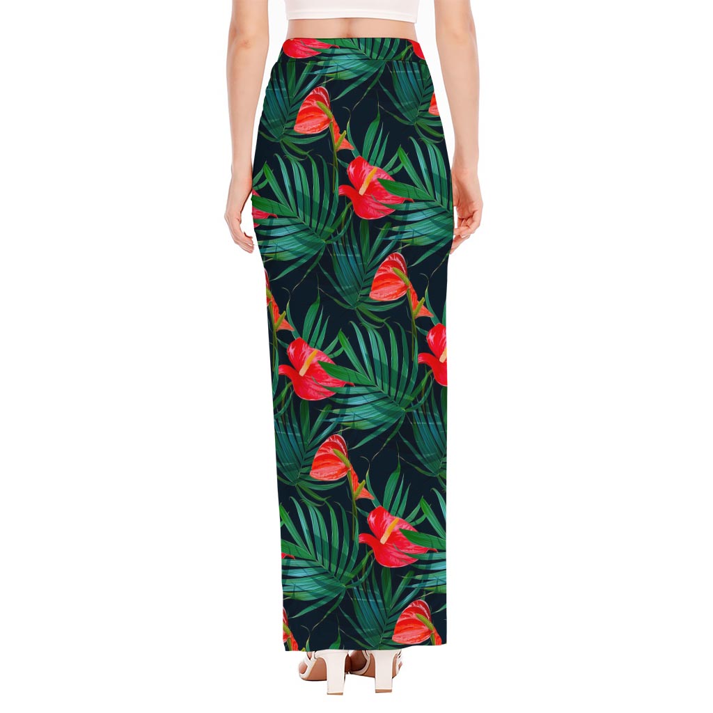 Hawaiian Tropical Flowers Pattern Print High Slit Maxi Skirt