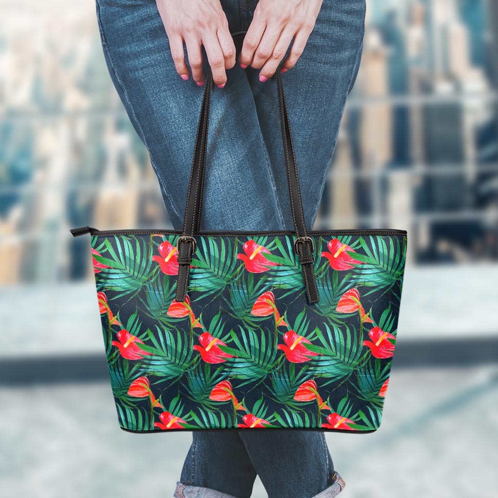 Hawaiian Tropical Flowers Pattern Print Leather Tote Bag