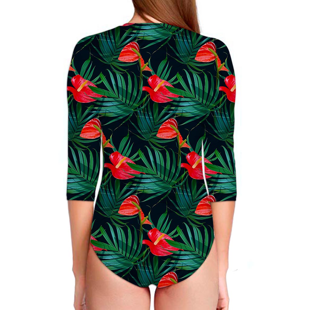 Hawaiian Tropical Flowers Pattern Print Long Sleeve Swimsuit