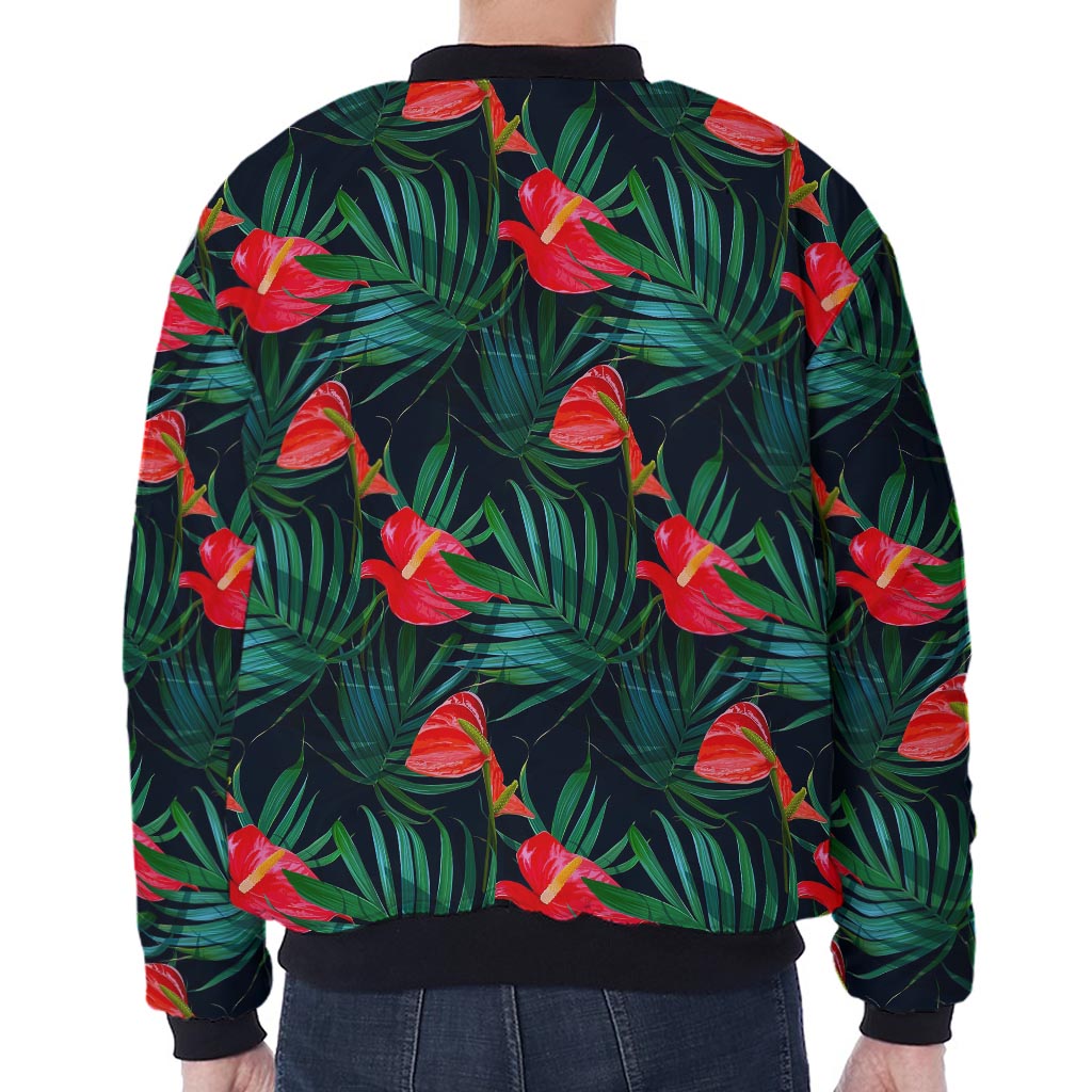 Hawaiian Tropical Flowers Pattern Print Zip Sleeve Bomber Jacket