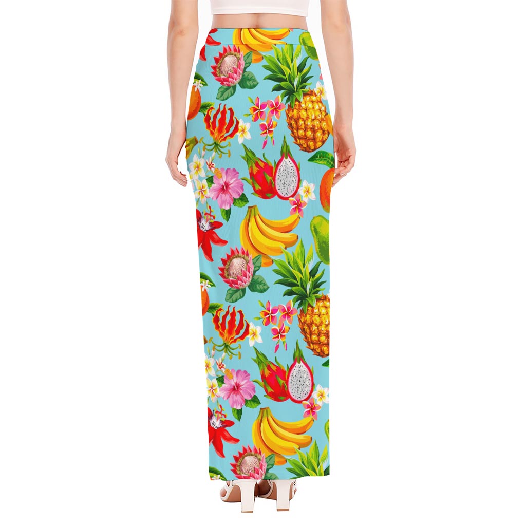 Hawaiian Tropical Fruits Pattern Print High Slit Maxi Skirt