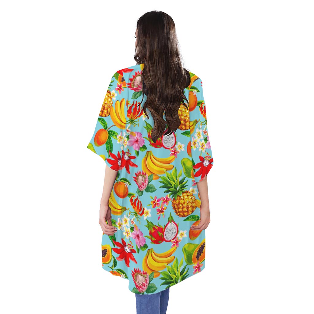 Hawaiian Tropical Fruits Pattern Print Open Front Beach Cover Up