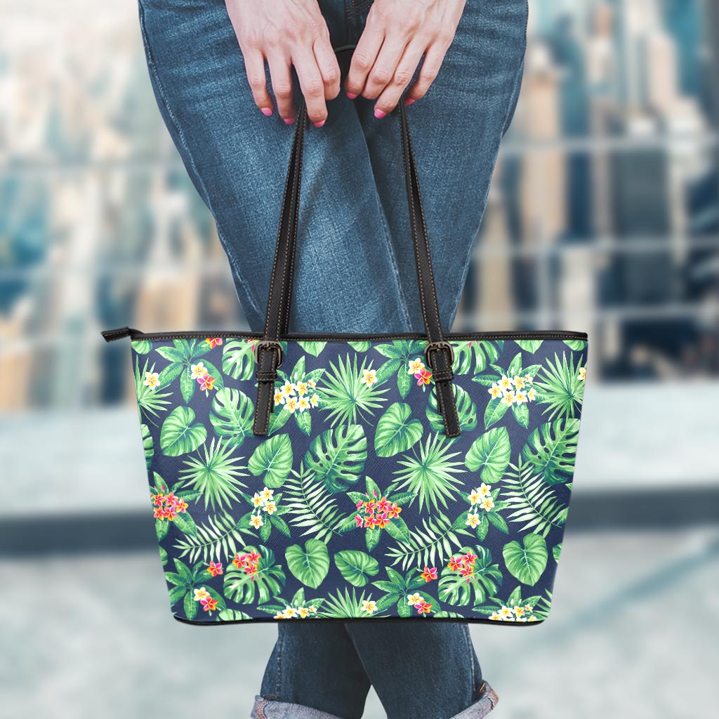 Hawaiian Tropical Leaves Pattern Print Leather Tote Bag